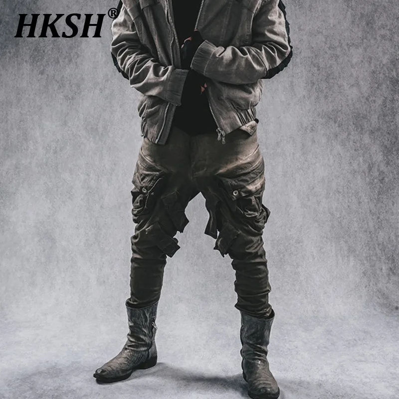 HKSH Autumn Winter Heavy Weight Three-dimensional Multi Pocket High-density Elastic Oil Stain Cold Dyeing Vintage Pants HK3907