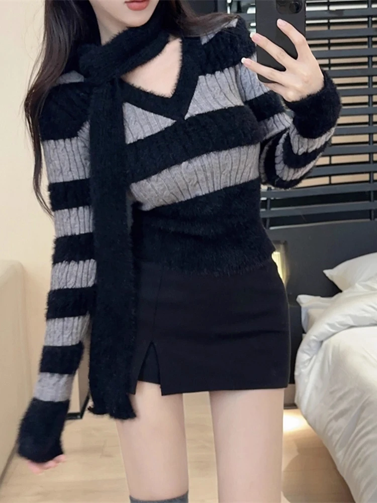 سترة نسائية محبوكة بياقة على شكل V من Pure Desire، ملابس داخلية شتوية مخططة بتصميم حورية البحر من فرو المنك