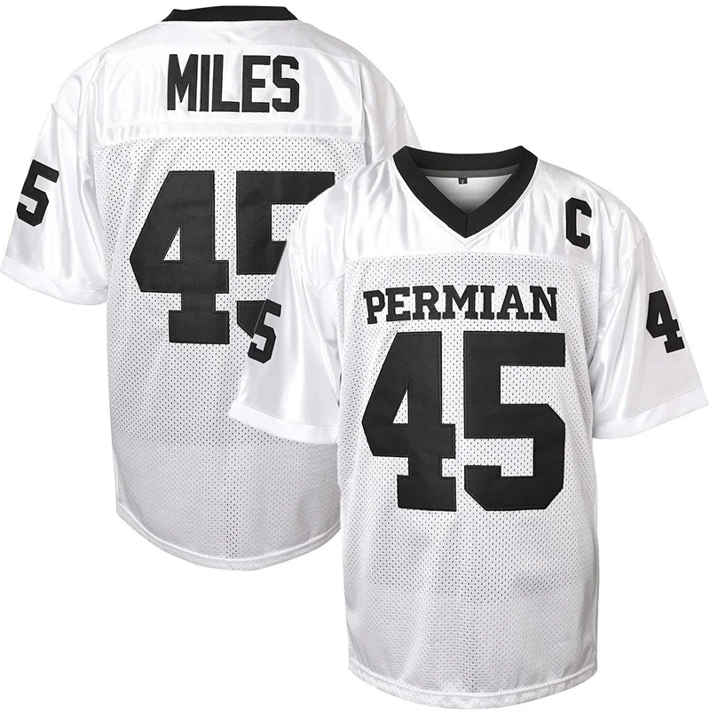 Movie PERMIAN #45 MILES Football Jersey Mens American Rugby Clothing Tops Breathable Quick Drying Sewing Soccer Jerseys Male