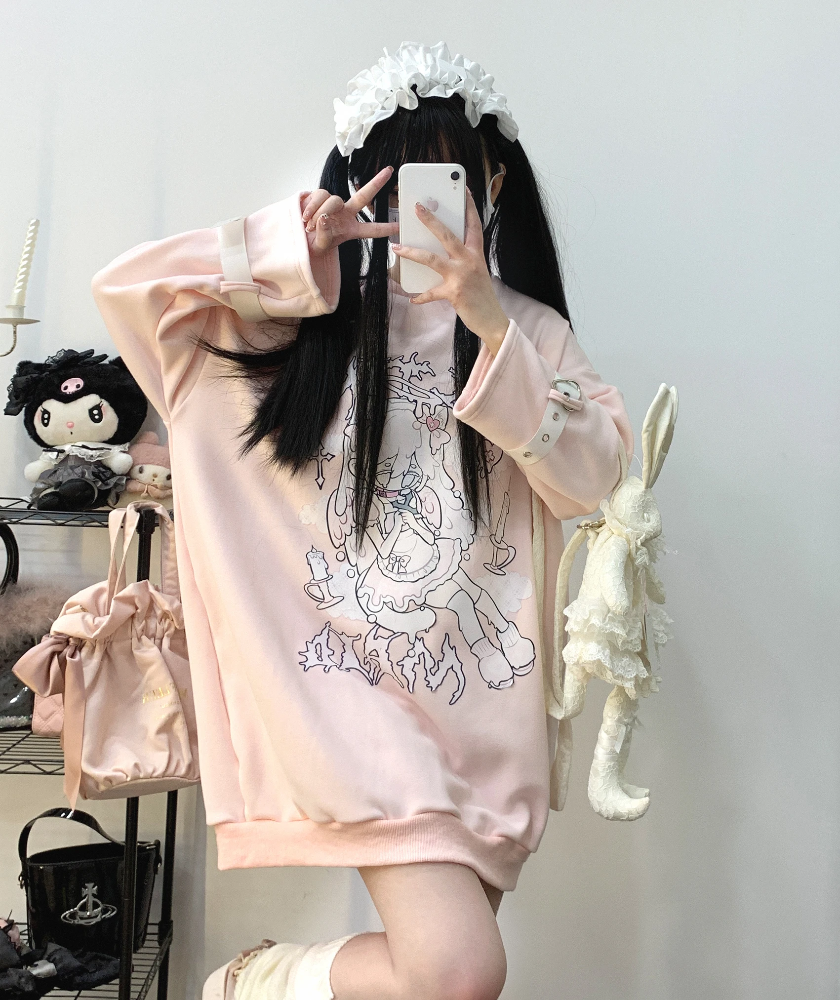 Gothic Harajuku Y2k Loose Sweatershirt Japanese Mine Lace-up Print Oversize Mid-Length Hoodies Girly JK Fashion Women Lolita Top