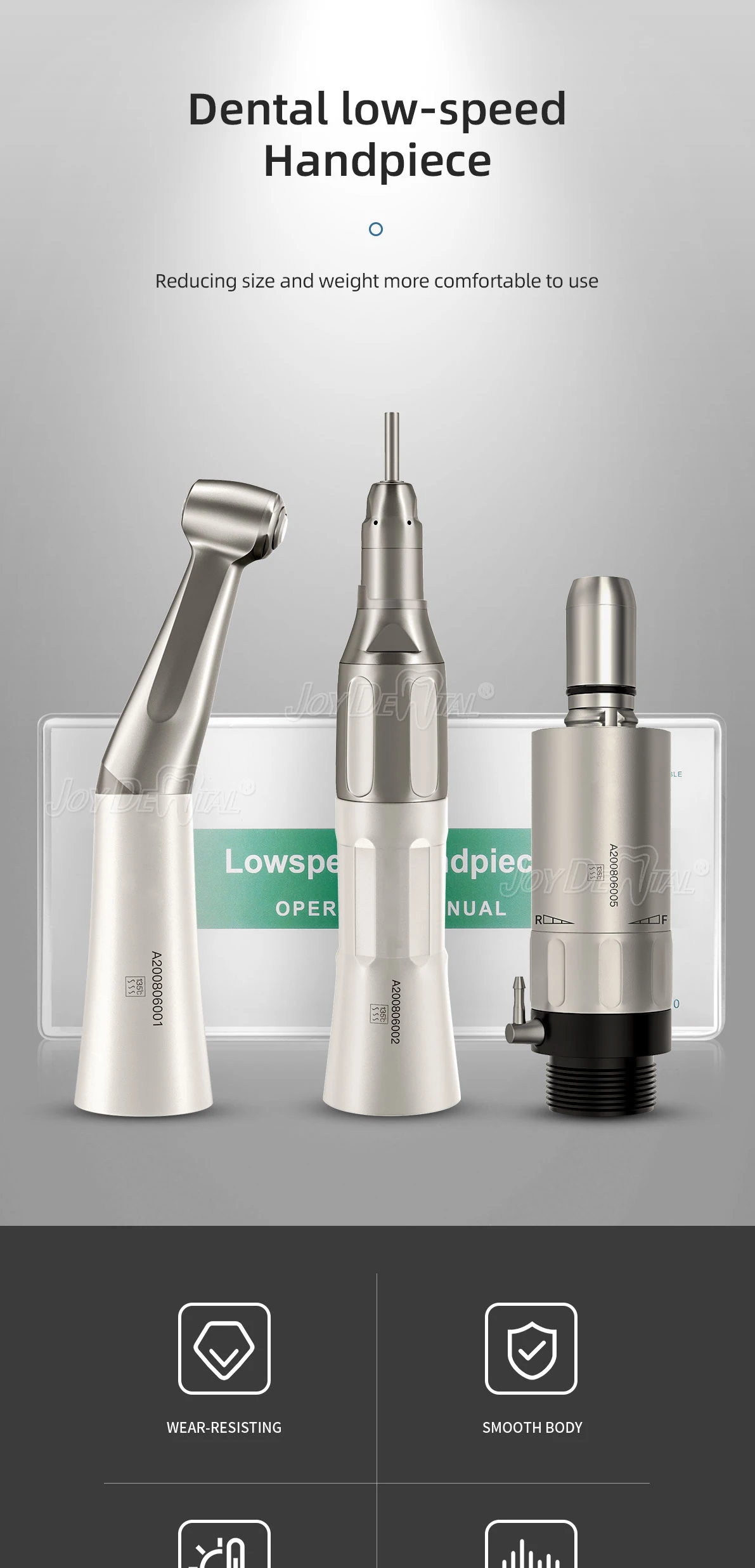 1 Stück JOY DENTAL Niedrigdrehzahl-Handstück 1:1 Winkelstück für ø2,35mm CA-Bohrer Druckknopf Gerader Nasenkegel Luftmotor 2/4 Löcher – Detail 4