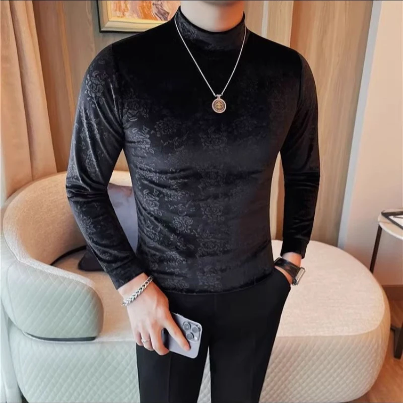 

Men's Printed Velvet Long Sleeve T-Shirt Mock Neck Slim Fit Trendy Top for Spring Autumn Premium Base Layer Top
