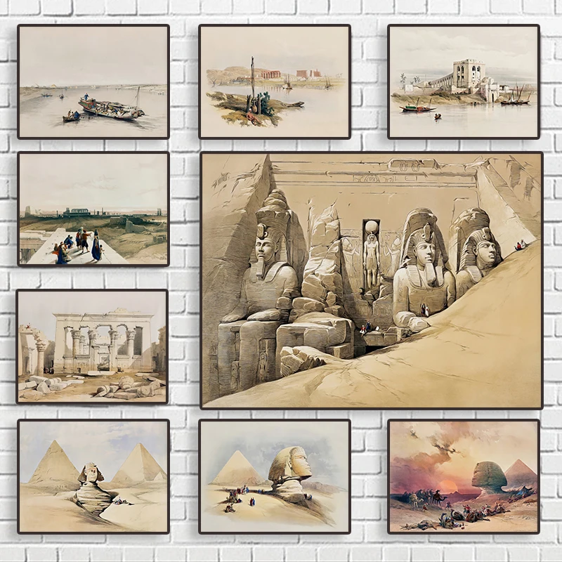 Retro Egyptian Landscape Poster Pyramid Temple Relic Nile Boats Sphinx Canvas Painting Posters Prints Nordic for Bath Room Decor