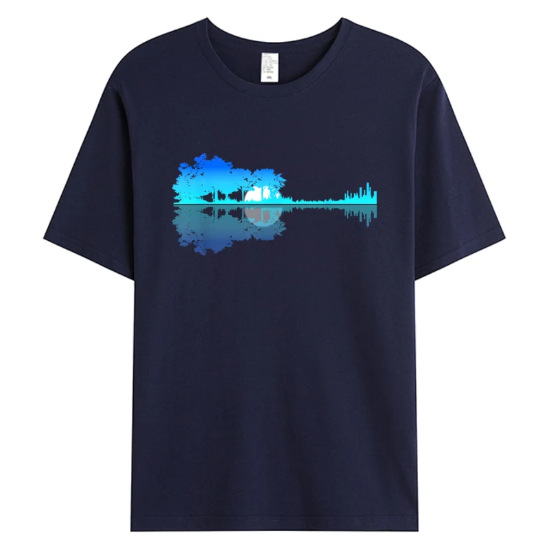 

Guitar Lake Shadow Love Guitar Musician Mens 100% Cotton Graphic T-Shirt Man Clothing Y2K Trendy Shipping Tees Shirts Navy Blue
