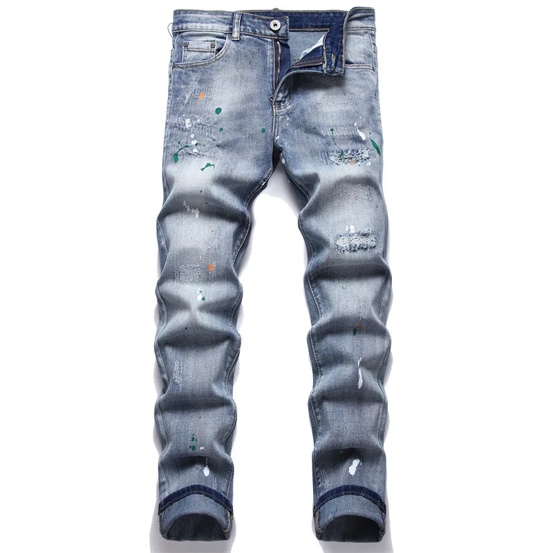 

High Quality New Fashion Brand 2022 High Street Punk Style Men's Jeans Paint Blue Broken Small Foot Tight Mid Rise Men's Jeans