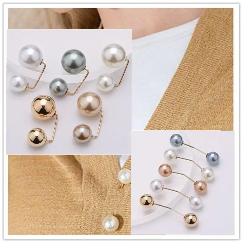 Women Fashion Tightening Waistband Pin Double Pearl Brooches Metal Lapel Pin Brooch Pins Sweater Shirt Cardigan Brooch