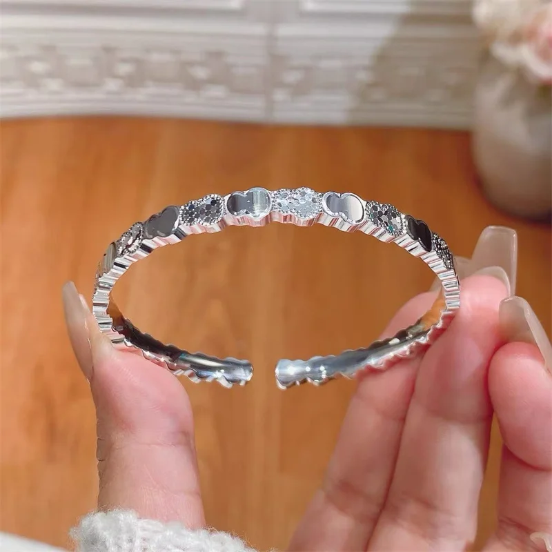 OUYADI 999 Fine Silver Gourd Shards Ice Open Cuff Bangle Women High‑End Versatile Adjustable Silver Bracelet Jewelry Gift
