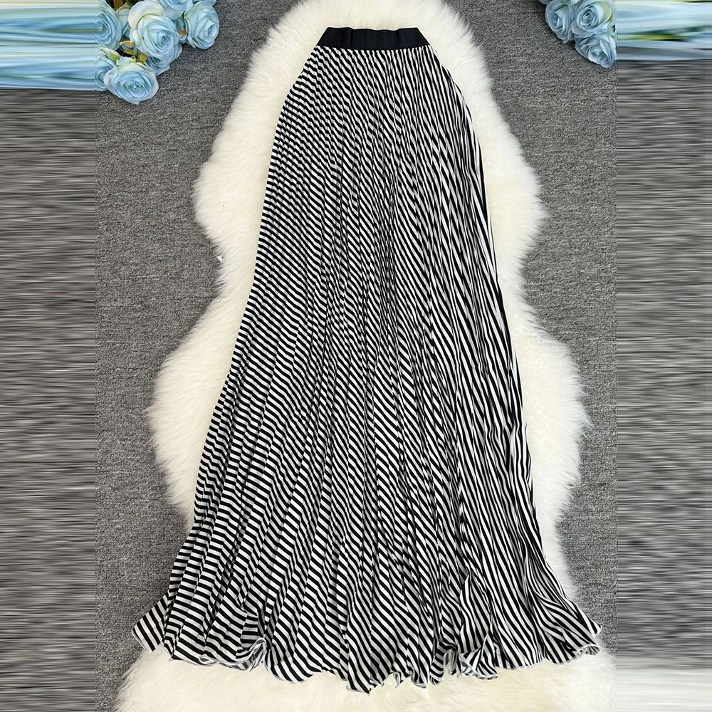 2026 New Polka Geometry Chiffon Pleated Skirt Women Casual Elastic Waist A-line Big Swing Boho Beach Long Skirt