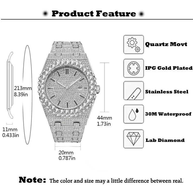 2024 New MISSFOX Hip Hop Men\'s Iced Watches Fashion Automatic Date AAA Quartz Clocks Green Diamond Jewelry WristWatch Man Reloj