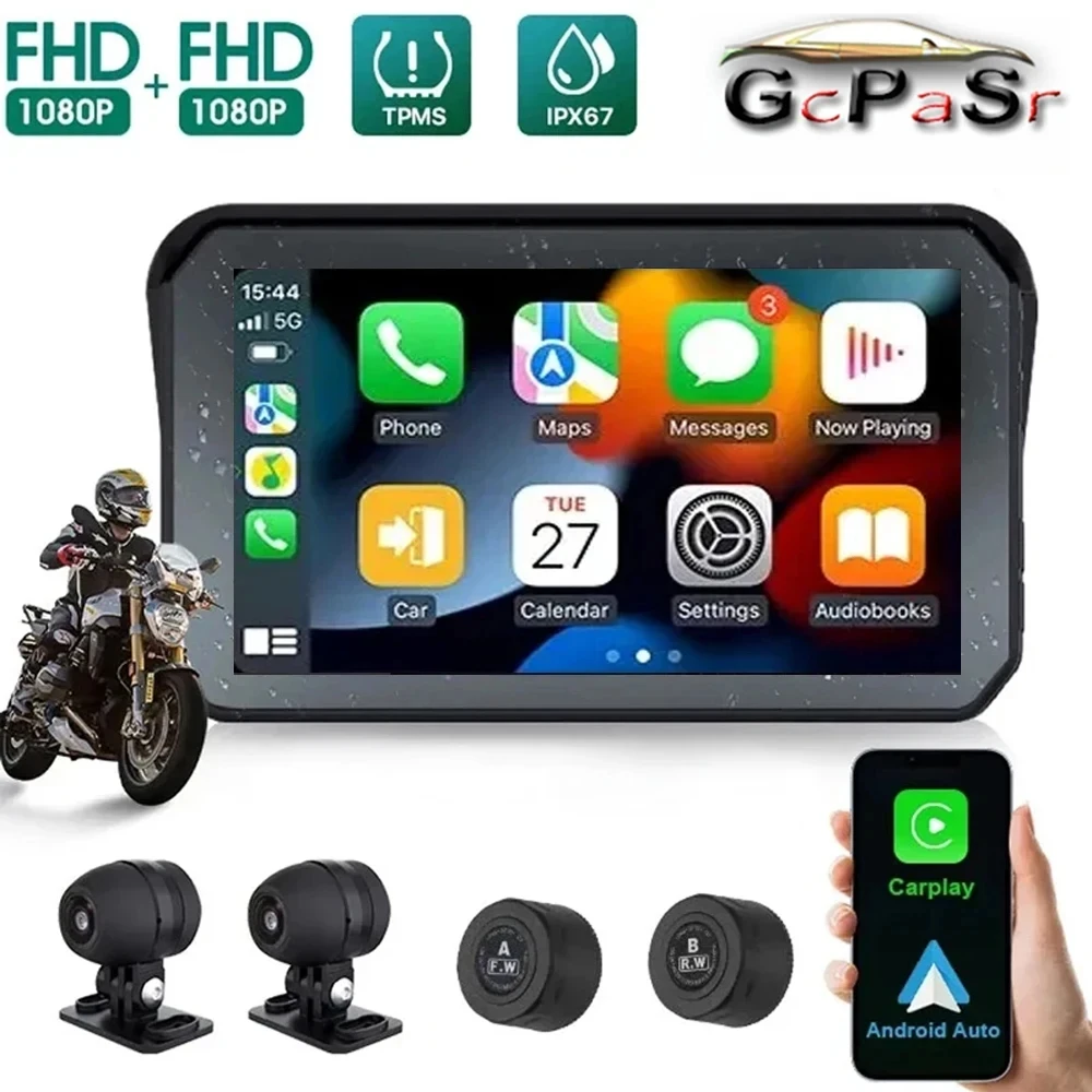 

GcPaSr FOR Motorcycle Carplay Waterproof 1080P 5 Inch WiFi Wireless Android-Auto DVR Monitor Dash Cam GPS Navigation TPMS