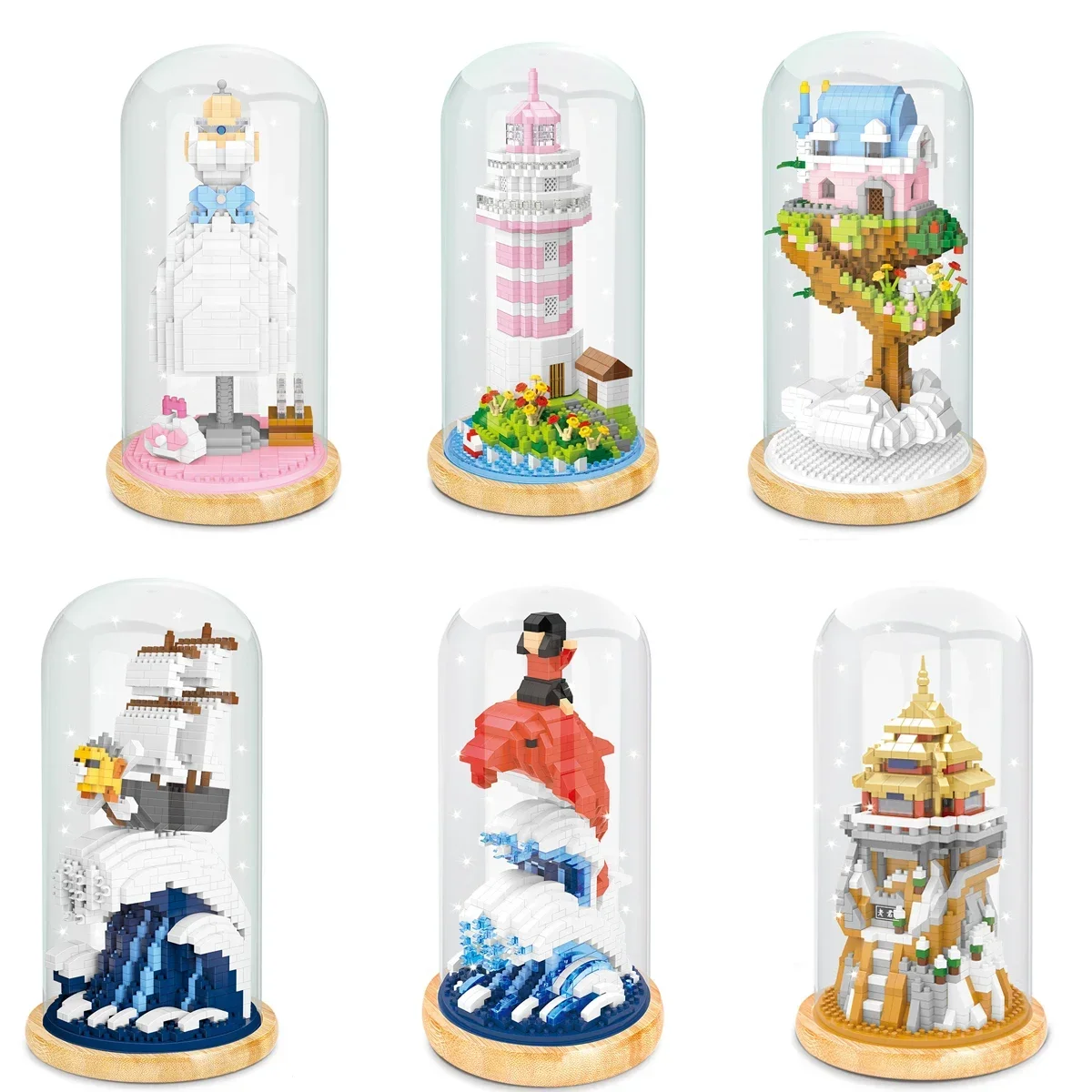 2024 Mini Building Blocks One Piece Wedding Dress Lighthouse Tree House Kids Mini Brick Toys with Display Box LED Light