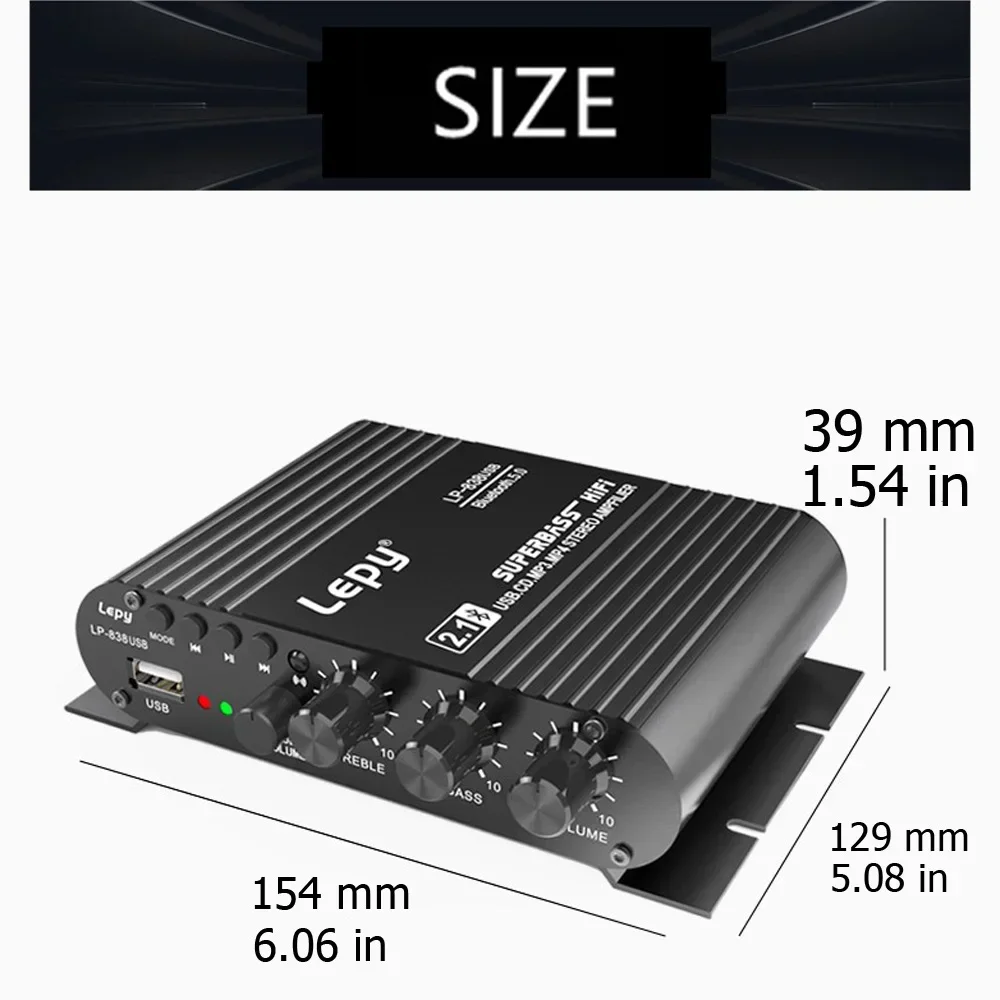 LEPY-Amplificador de Subwoofer para coche y hogar, dispositivo de música con USB 838, Bluetooth 5,0, HIFI, 2,1 canales, 12V, sin pérdidas, apto para