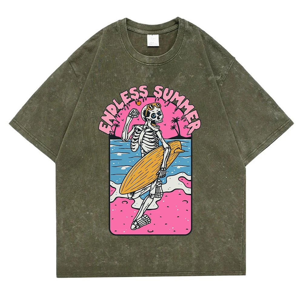 Endless Summer Skeleton Surfing  Washed Retro Snow Clothing Men Quality T-Shirt Summer Cotton T-Shirts Hip Hop Street Loose Tops