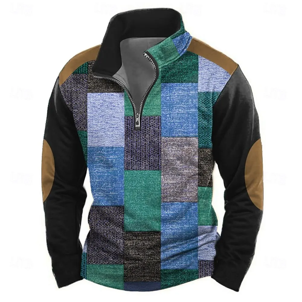 Colorful Plaid Print Half Zip Long Sleeve Top Autumn Winter Men's Stand Collar Sweatshirts  Casual Men Clothing Fashion Pullover