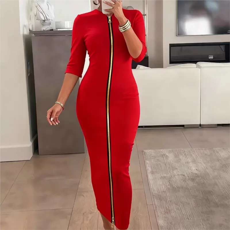 

Zipper Mid-sleeve Dress 2026 Spring And Summer Casual Women's Sexy Waist Bag Hip Skirt Fashion Solid Color Slim Fit Dress
