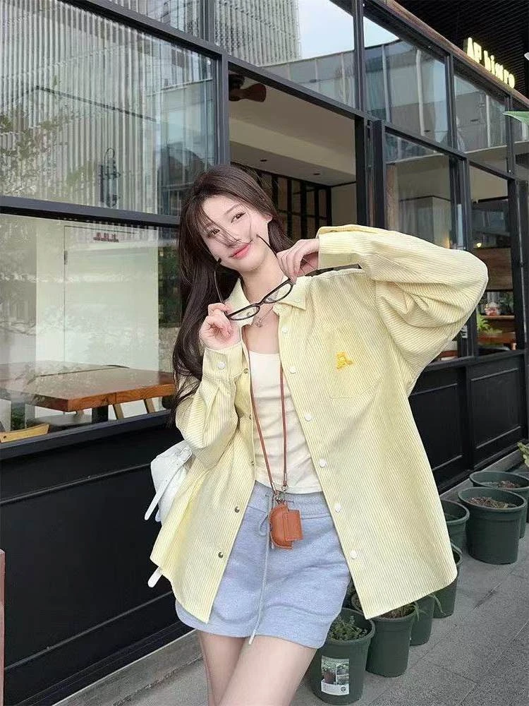 

Yellow American Retro Striped Collar Shirt Jacket Women's Spring Design Lazy Top Open Cardigan Korean Style Loose Fit