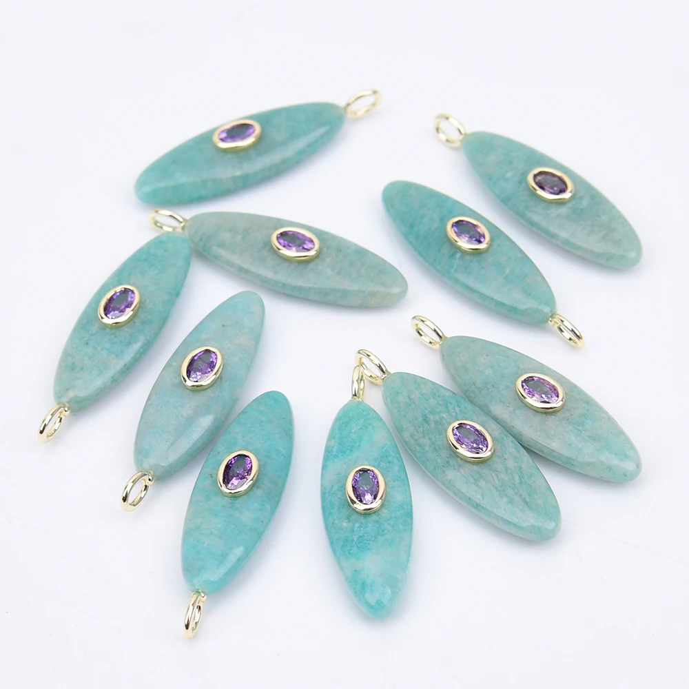 APDGG 5 Pcs 12x35mm Natural Semi-Precious Stone Green Amazonite CZ Paved Oval Pendant Beads Jewelry Making DIY