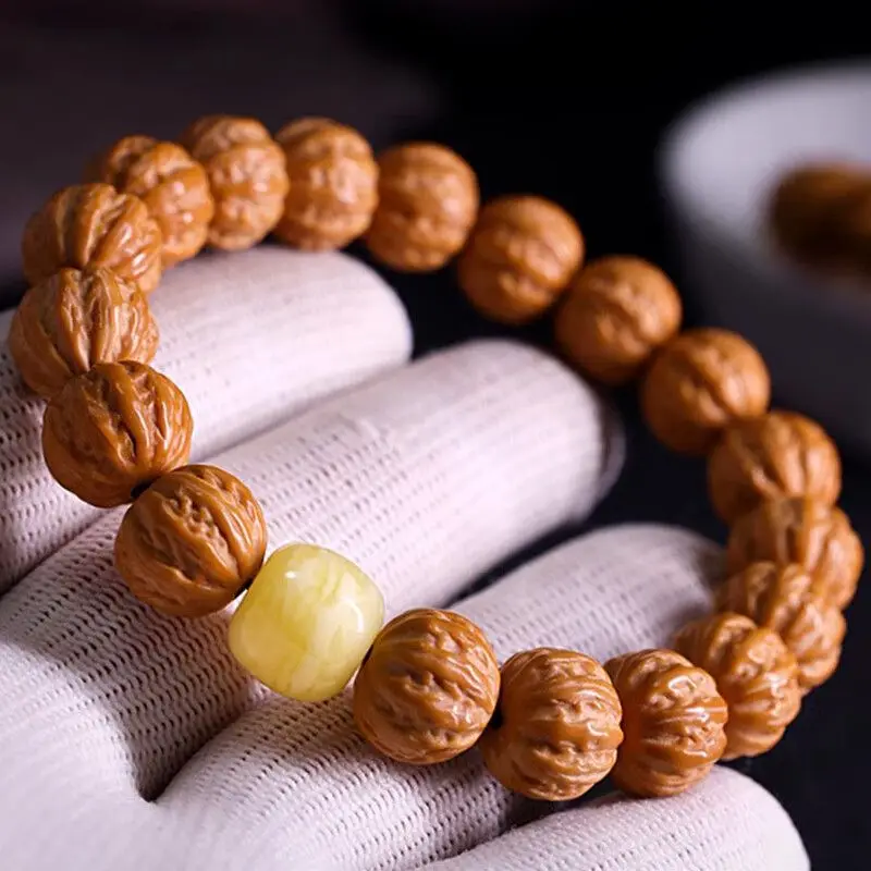 Chinese Style Lucky Wealth Attracting Carved Jing Ba Leng Walnut Beaded Bracelet Good Fortune Blessing Wenwan For Men Women Pray
