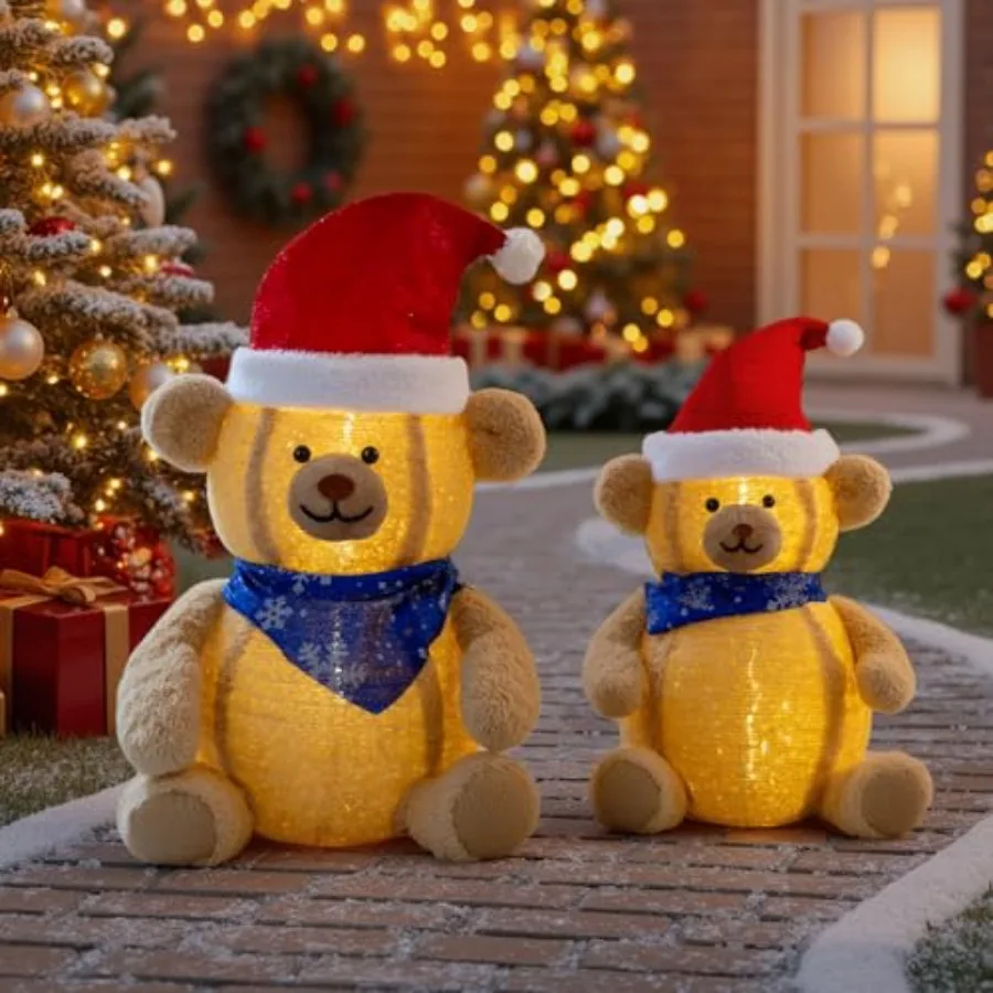 

Christmas Teddy Bear decor, brown plush with LED lights, 36in tall, 2-pack for indoor outdoor porch lawn yard use, 2025 festive
