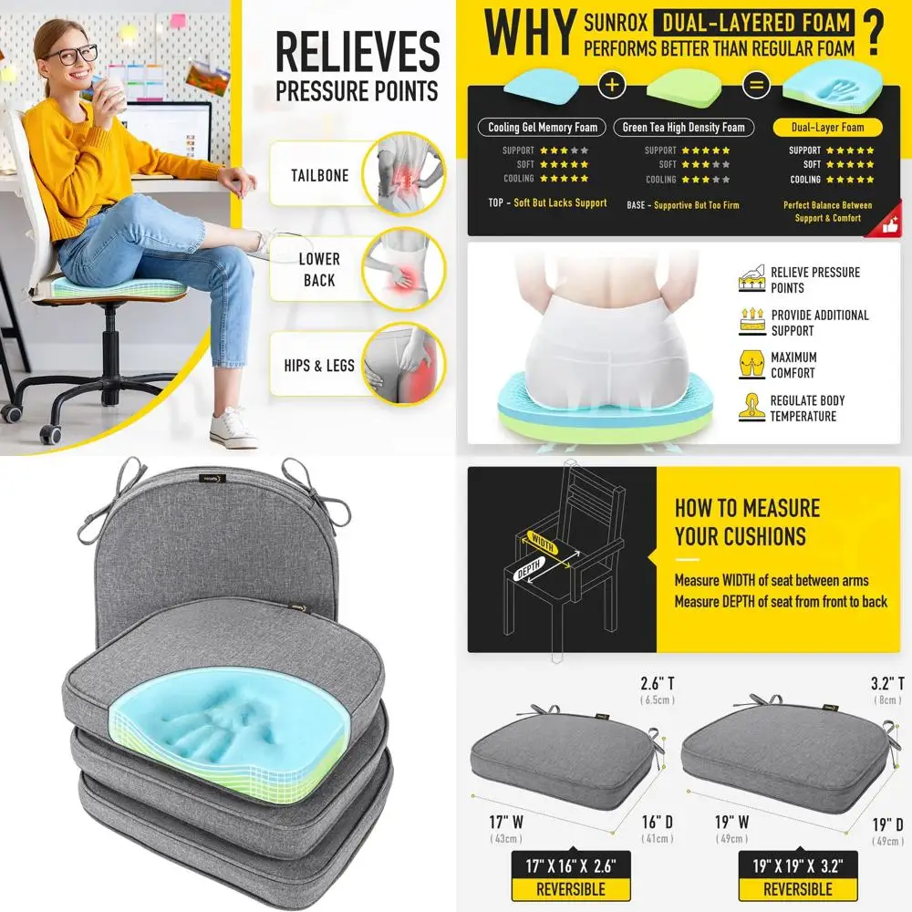 

Memory Foam Seat Cushions, Fade and Stain Resistant, Reversible with Ties, 19x19 inches, Set of 4, Heather Charcoal