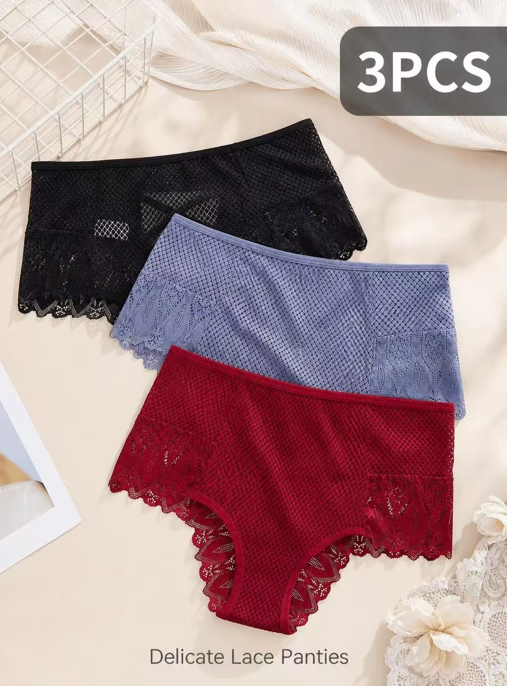 3PCS women's panties sexy lace panty seamless and comfortable mid waist triangle underpants female lingerie