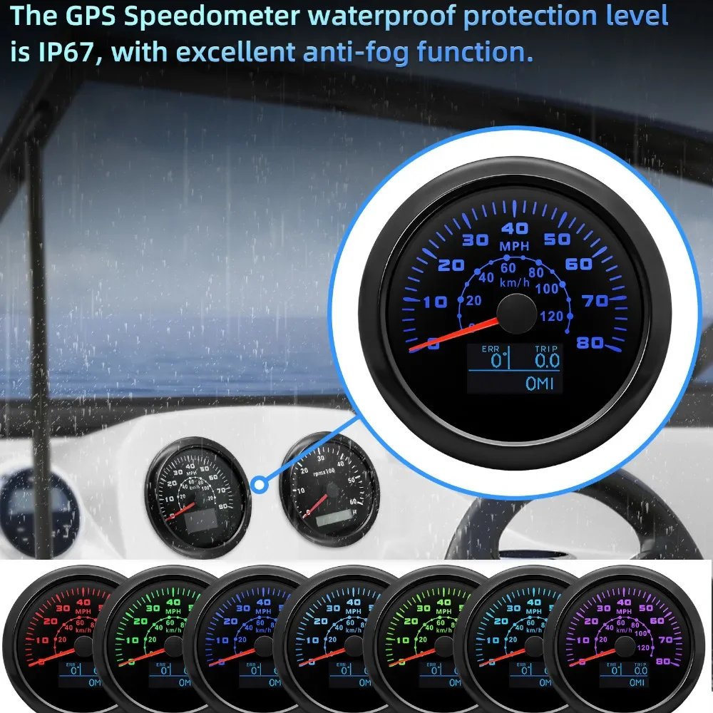 HD 85MM Car Boat Digital GPS Speedometer Gauge 0-80MPH/0-120kmh 7Colors Waterproof Speed Gauge For 12V/24V Marine Truck Yacht