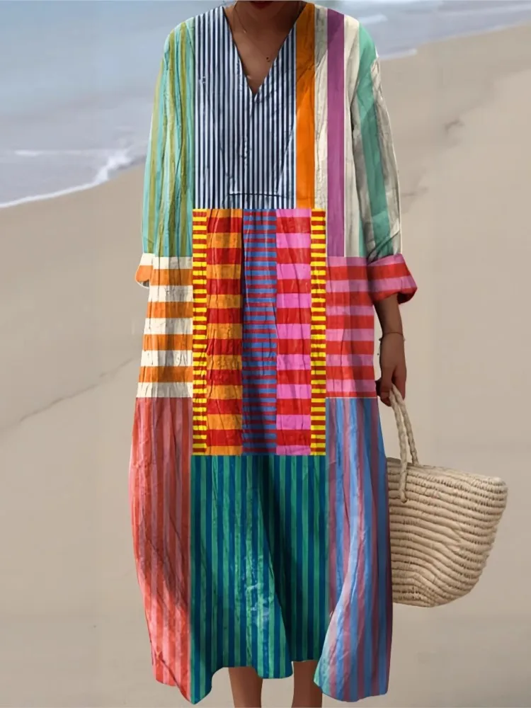 Sukienka koszulowa z długim rękawem damska codzienna z nadrukami wiosenna jesienna elegancka sukienka na imprezę wakacyjna z dekoltem w serek dla kobiet Robe Femme