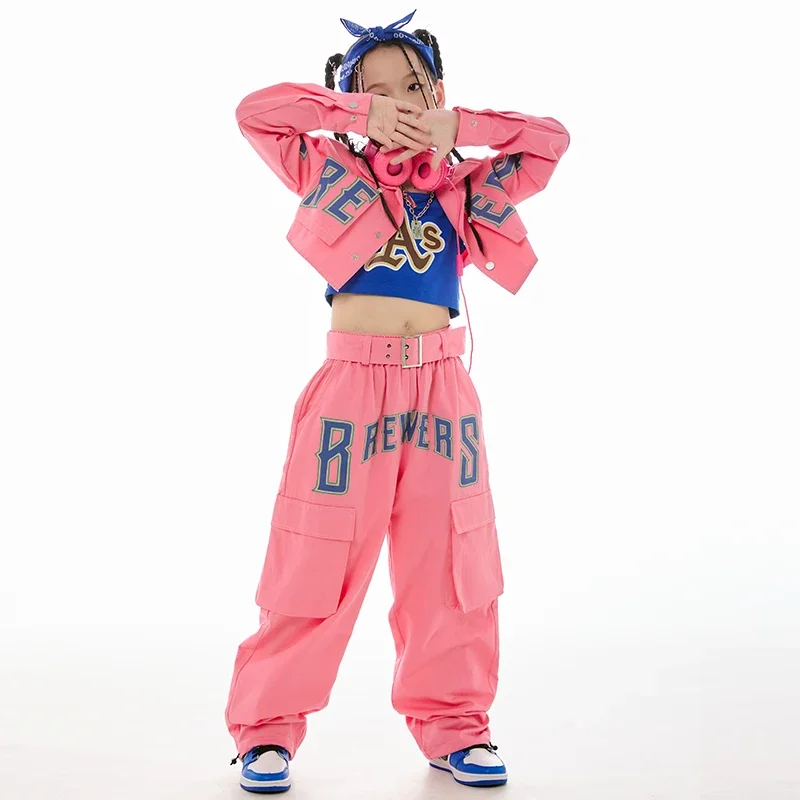 Manteau et pantalon de danse de rue pour enfants, tenue de scène, vêtements de danse jazz roses pour filles, costume hip hop, manches longues