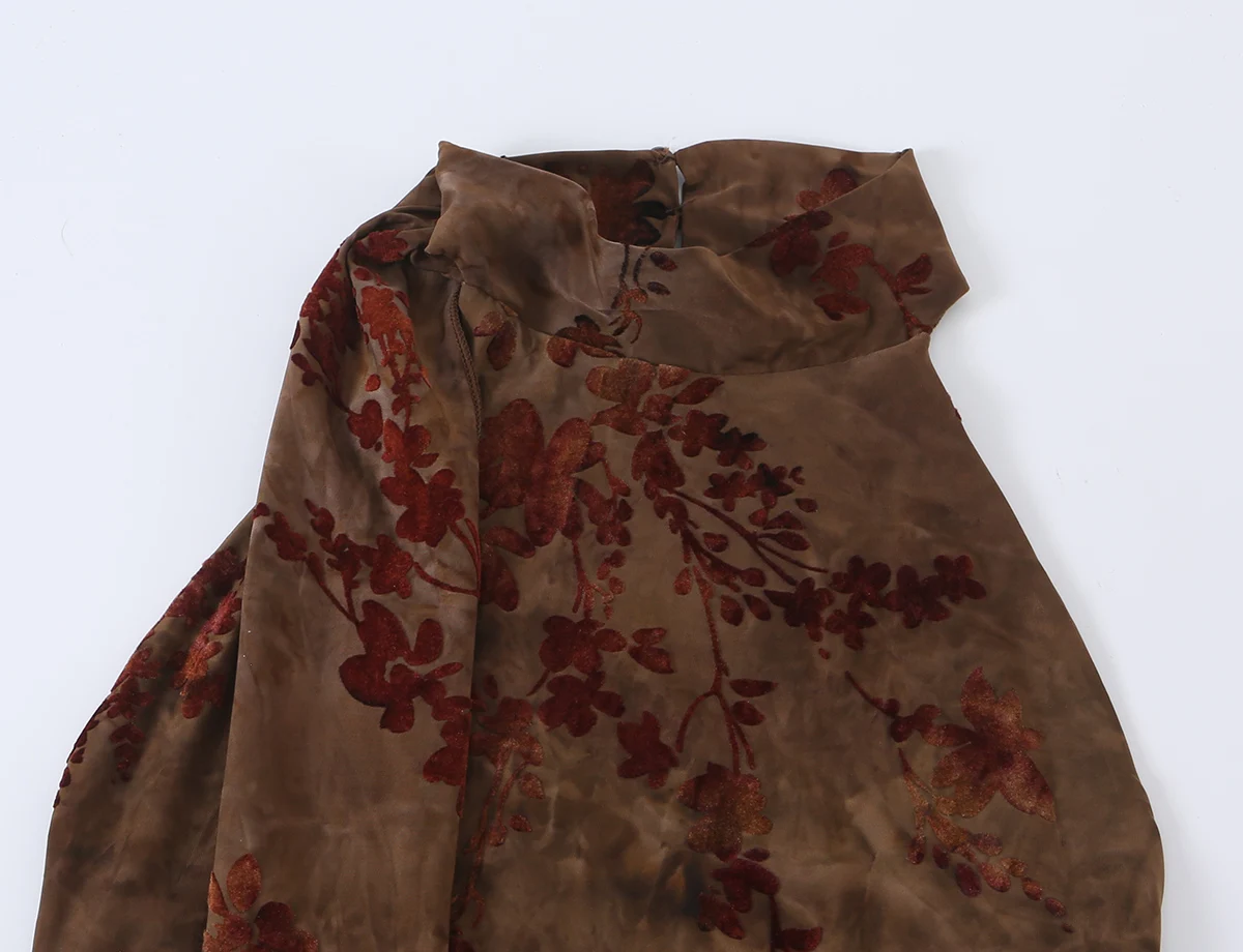 BSAY Herbst Chinesischer Stil Damen Vintage Neckholder-Maxikleid Schal-Band-Dekor Ärmellos Blumendruck Schlanke Passform Langes Kleid – Detail 4