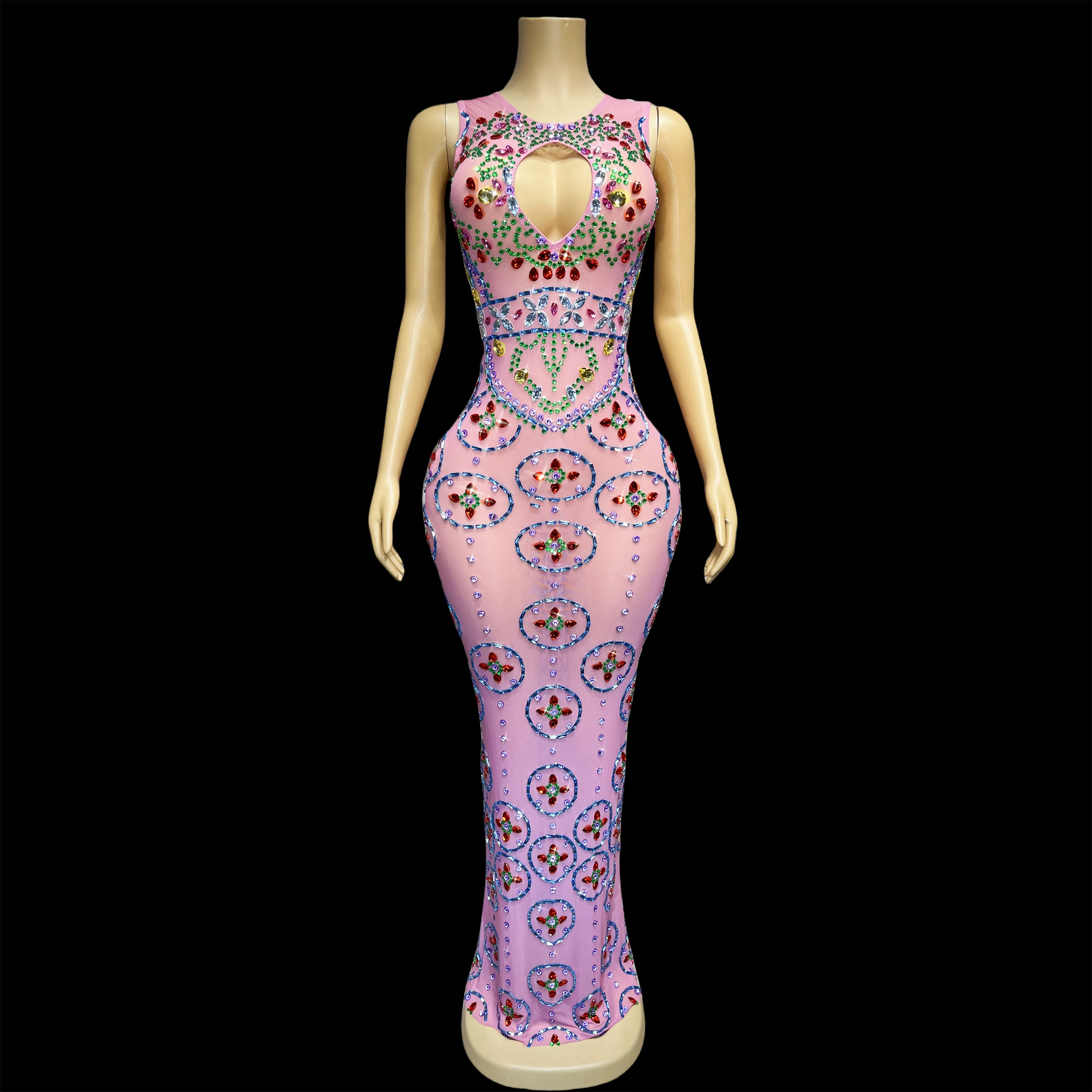 Designer pink dress colorful rhinestone birthday celebration nightclub costume party singer collection costume hualun