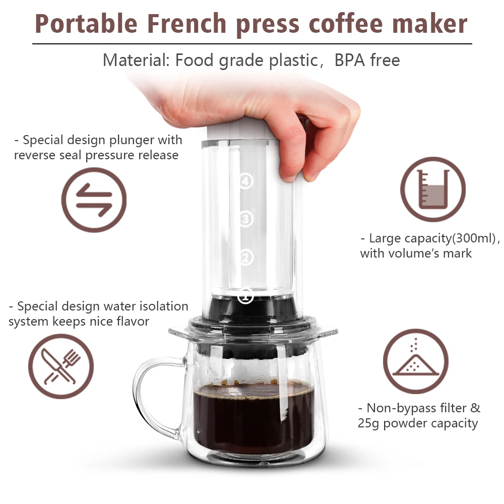 CAFEMASY Máquina de café expresso portátil prensa francesa cafeteira prensa de ar ferramentas barista com 350 peças de papéis de filtro máquina de café