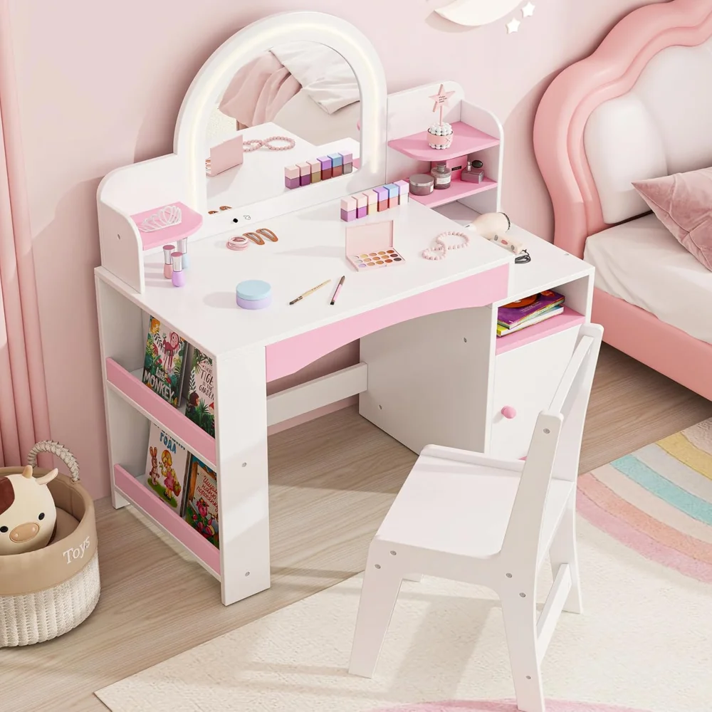 

Kids Vanity with Lights, Kids Makeup Vanity with Bookshelf, Enclosed Cabinet and 3-tier Open Shelves, Little Girl Vanity Table