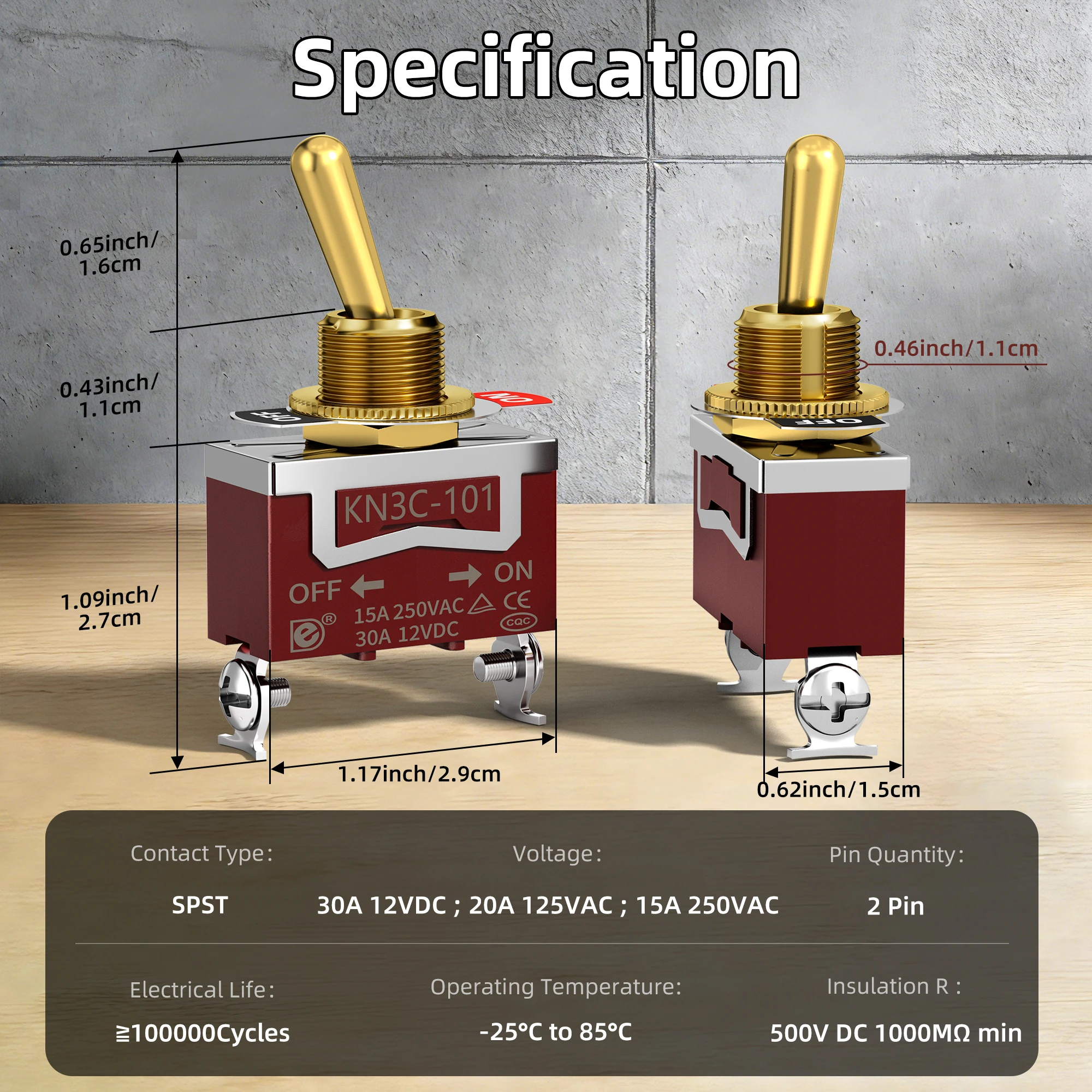 DaierTek Toggle Switch 12V with Gold Handle SPST 12 Volt 30A Heavy Duty On/Off DC Automotive Industrial Car Rocker Toggle Switch