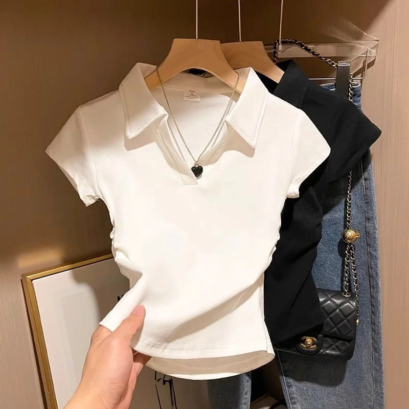 Slim Fit  Neck Short Sleeve T-Shirt Women's Summer American Style Design Sense Waist-Cinching Gathered Girl Simple T-Shirt