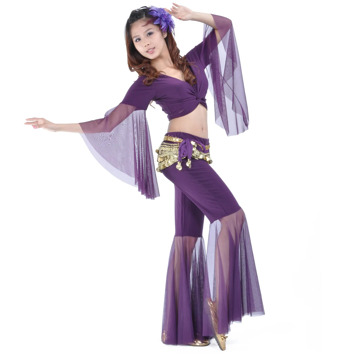 Mesh Lace-up Exercise Suit Set Belly Dance Slim Skinny Flared Pants Butterfly Sleeve Top Coin Waist Chain Stage Performance