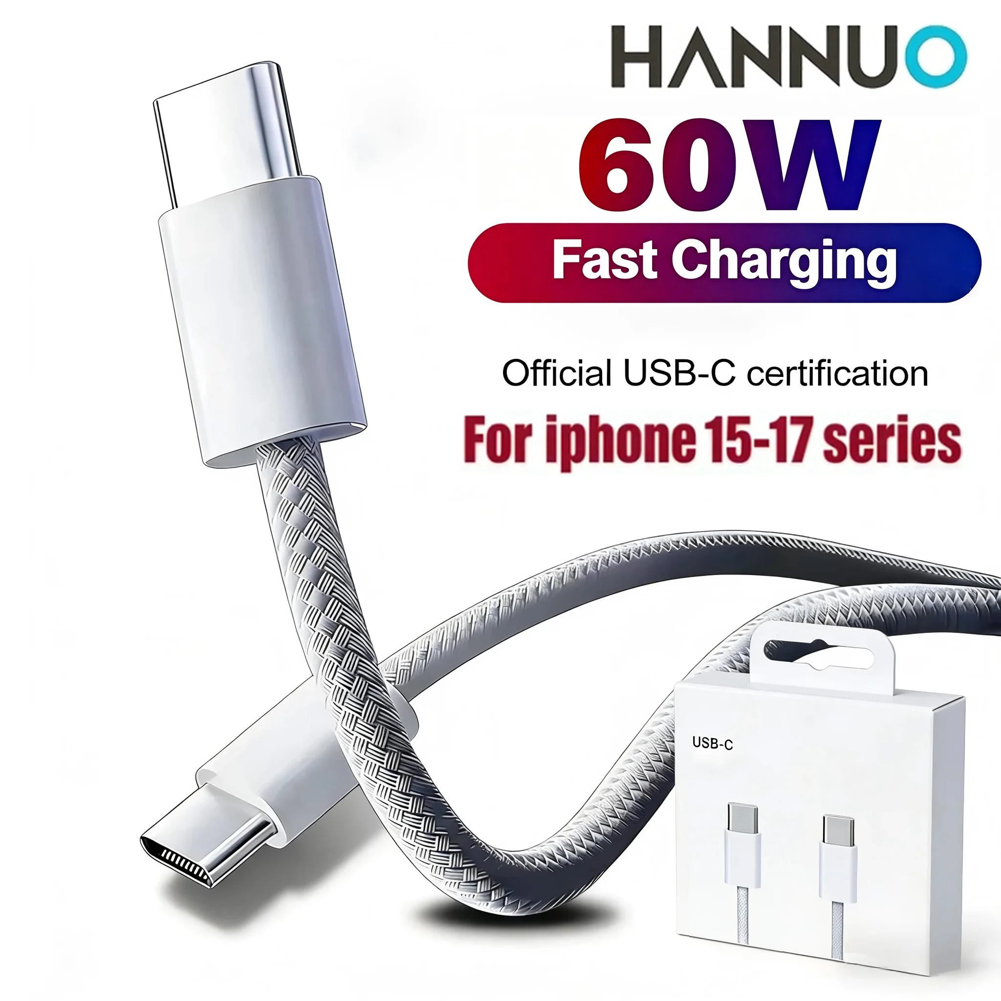 HANNUO 60W PD USB-C to USB-C Fast Charging Cable For iPhone 15 16 17 Pro Max Huawei Xiaomi Samsung Google Type C Weaving Wire
