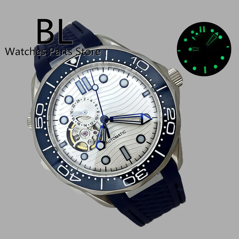 BLIGER 41mm NH39 Automatic Watch For Men Blue Ceramic Bezel Insert Sapphire Crystal Luminous Index White Dial Rubber Strap 4hand