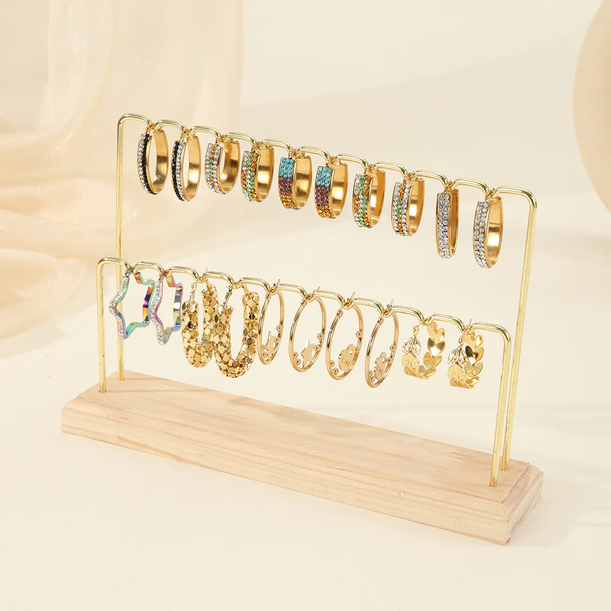 Wooden Base Gold Metal Earring Display Stand Multi-Tier Jewelry Holder for Earrings Necklaces Home/Retail Organizer