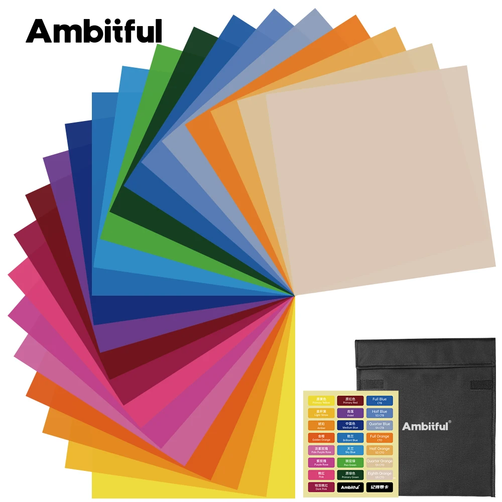 Ambitful – Lot de 22 Gels de Correction de Couleur 25x25cm, Gels d'Éclairage CTO, Filtres de Lumière pour Flashs Stroboscopiques
