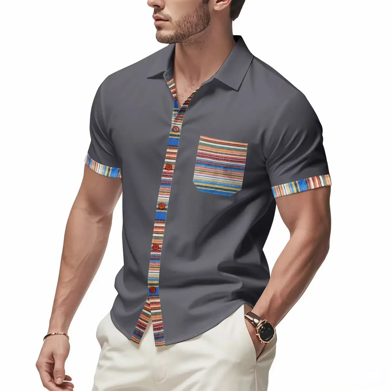 

New Fashion Summer Men's Loose Casual Trendy Single-breasted Short Sleeve Turn-down Collar Shirts Contrast Color Shirts Male