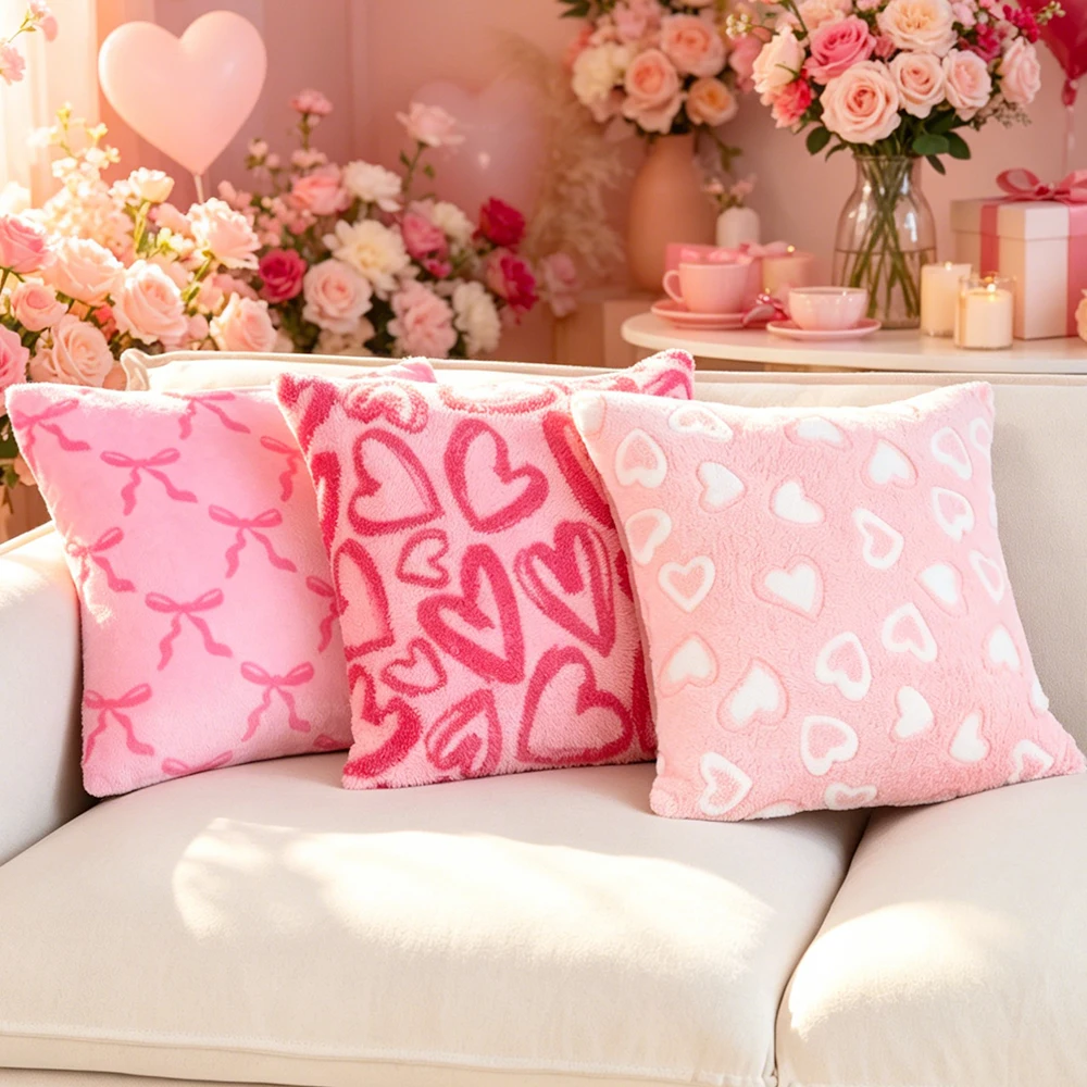 BUYNOW 1PC Faux Plush Heart Bow Leopard Print Pillowcase Without Filler Valentine's Day Cute Sofa Bedroom Cushion Cover Decor