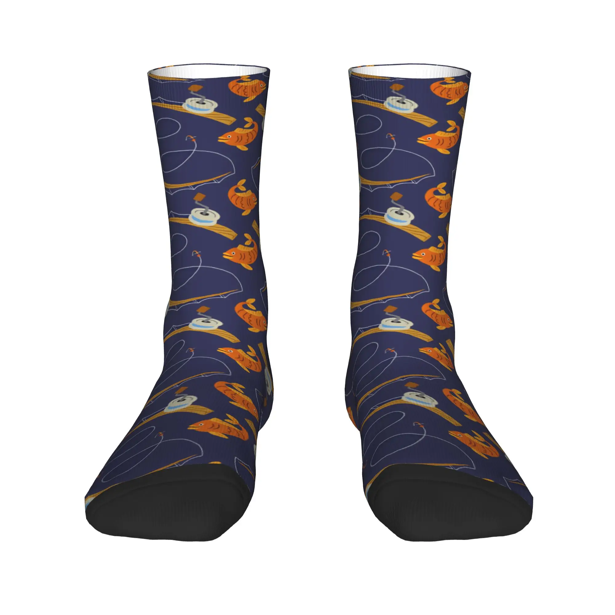 Fish And Fishing Rod Dark Blue Seamless Pattern Socks  Leisure Stockings Men High Quality Outdoor Sports Socks Non Skid Socks