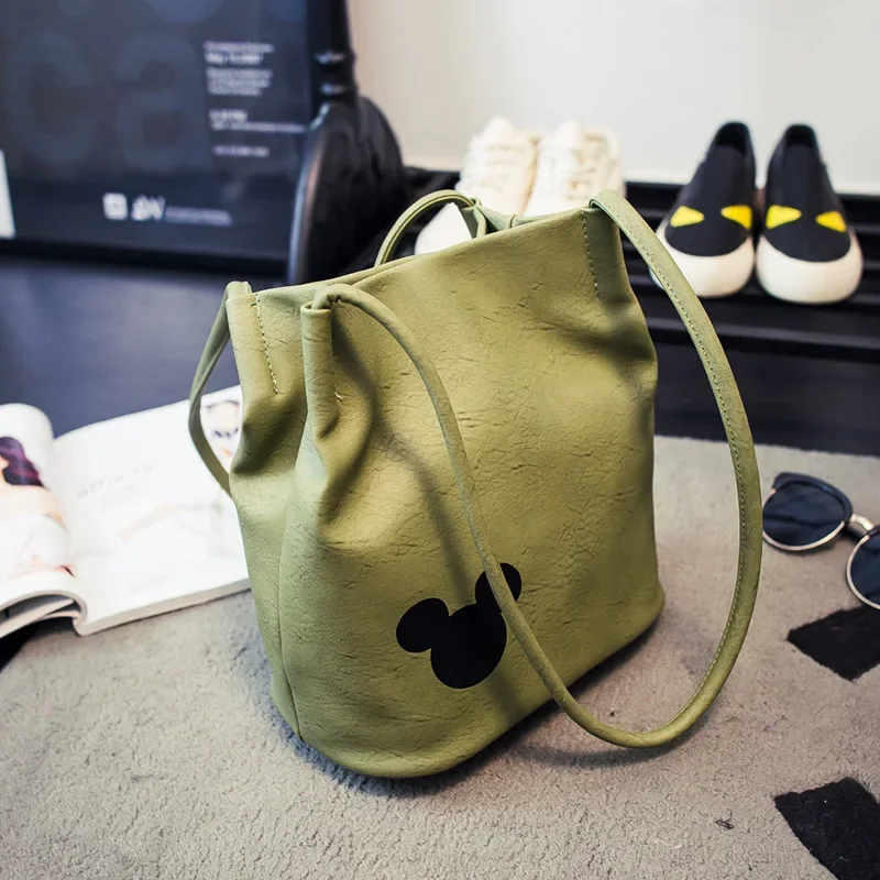 Disney Mickey Mouse Cartoon bucket bag Shoulder Shopper lady handbag women shopping Leisure PU Fashion Satchel