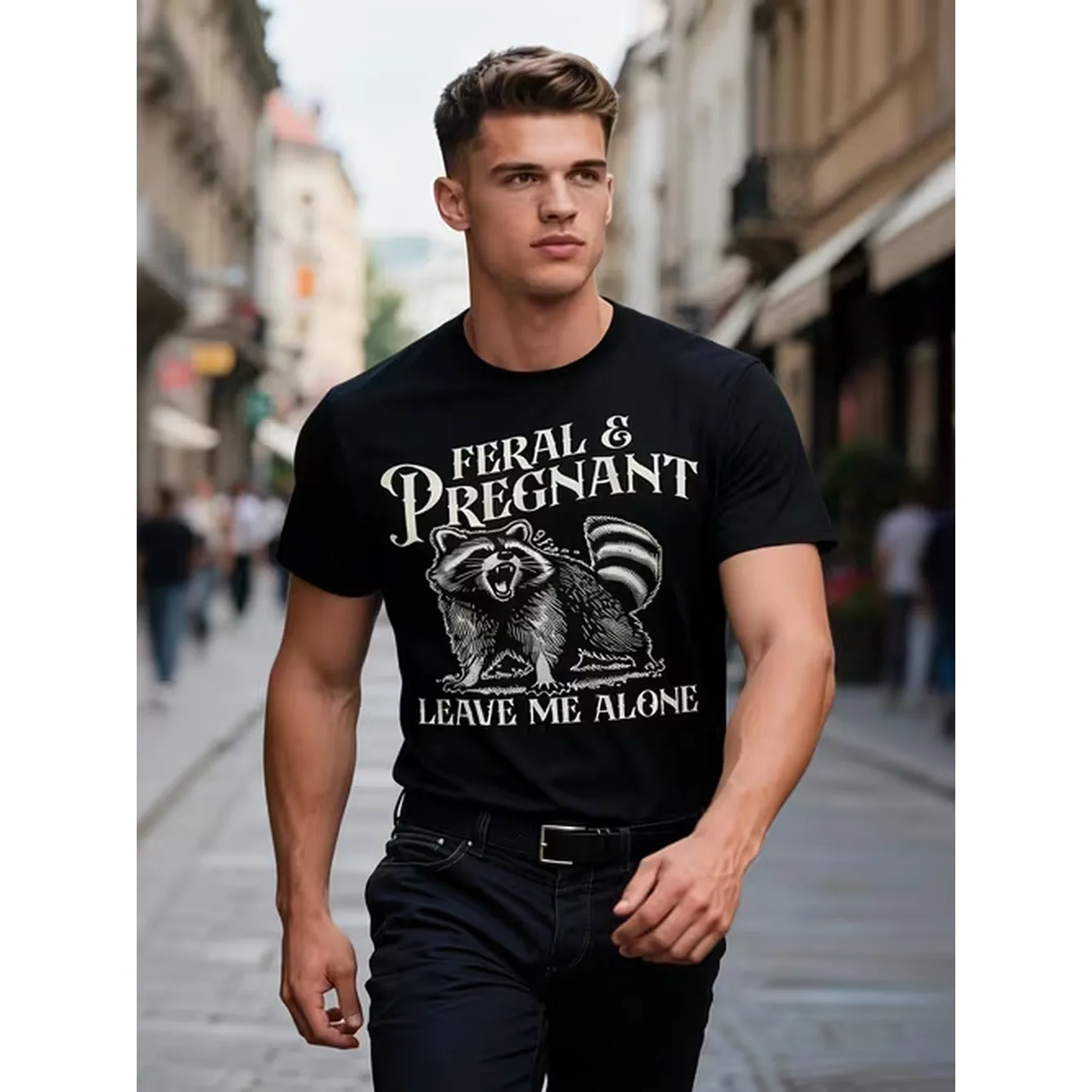 Humorous Maternity Tee Featuring A Funny Graphic Of A Wild And Expecting Raccoon A Soft And Breathable Shirt For Perfect As A Gift For Birthdays Or Showers This Black T Shirt With White Print Offers A Regular Fit With A