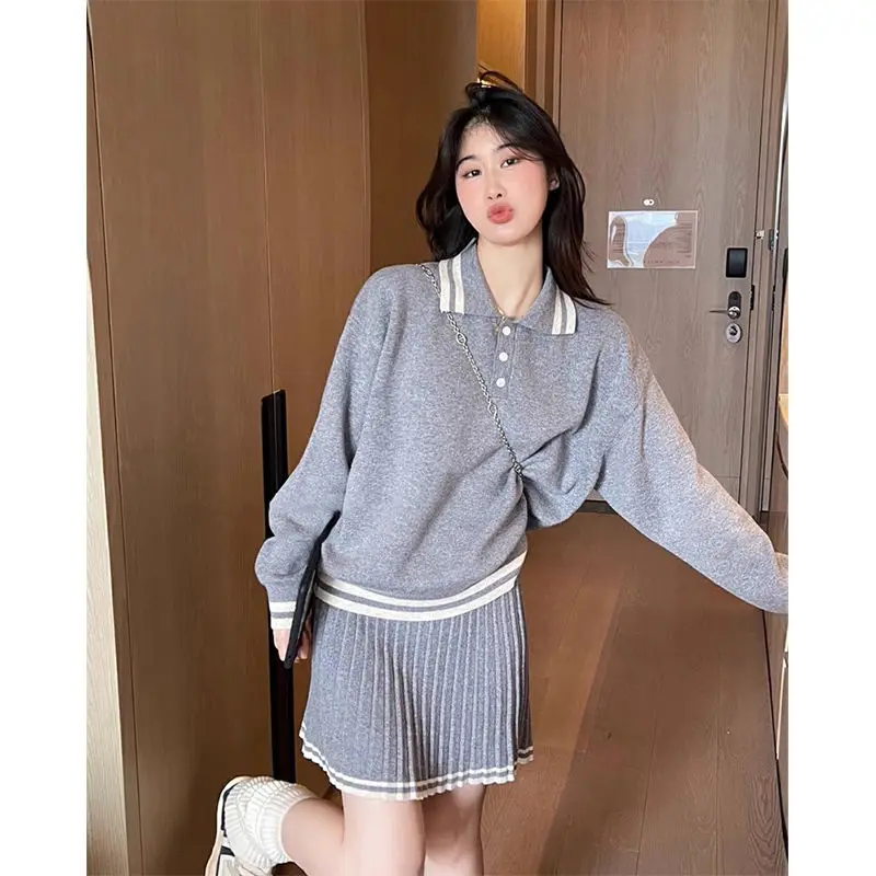 2024 Preppy Style Knitted Suits Women Casual Sweater Pullovers + Elastic Y2k Mini Skirt Korean Style Fashion Two Pieces Sets