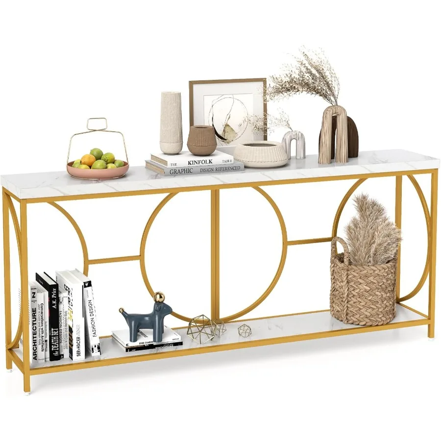 

71, удлиненный консольный столик, 2-уровневый стол из искусственного мрамора для прихожей с полкой для хранения, геометрический металлический каркас, современный золотой акцентный стол