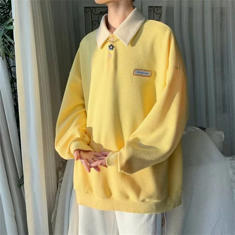 

Spring Summer Solid Long Sleeve Men Lapel Sweatshirts Teenagers Hit Color Fashion Harajuku Simple Oversized T Shirts Daily Work