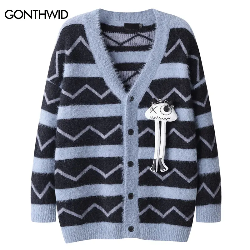 

Vintage Mohair Cardigan Sweater Coat Y2K Harajuku Knitted Striped Casual V-Neck Jumpers Streetwear Hip Hop Fluffy Cozy Sweaters