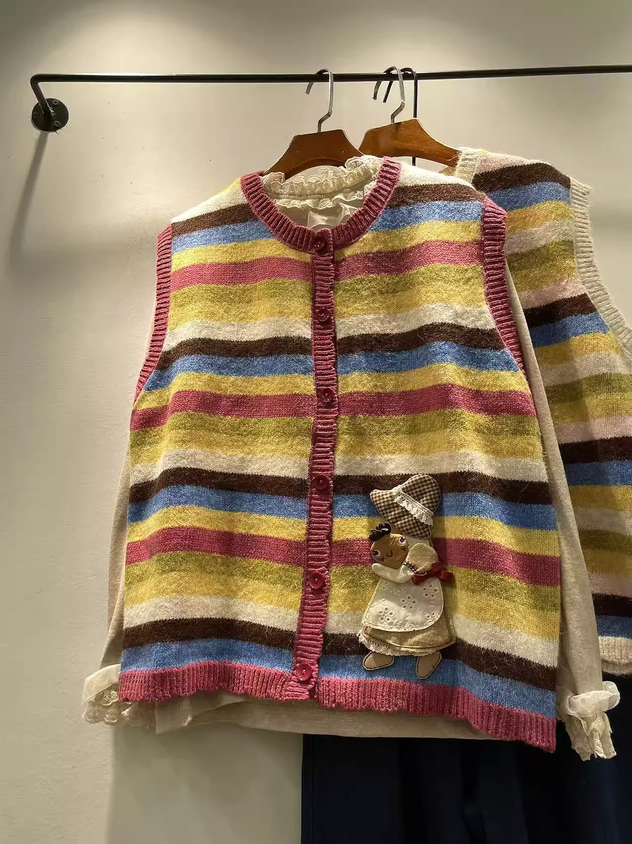 

2026 Enianechu Rainbow Striped Sweaters & Jumpers Vest for Women Autumn Spring Sweet Sleeveless Cardigan Mori Girl Cute Clothes