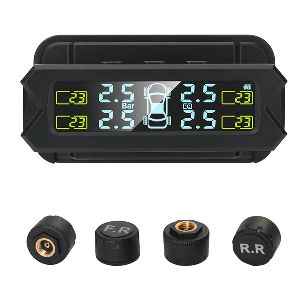 

Windshield Placement Wireless Solar/USB TPMS Car Tire Pressure Monitoring System 4 External Sensors Digital Display DC 5V